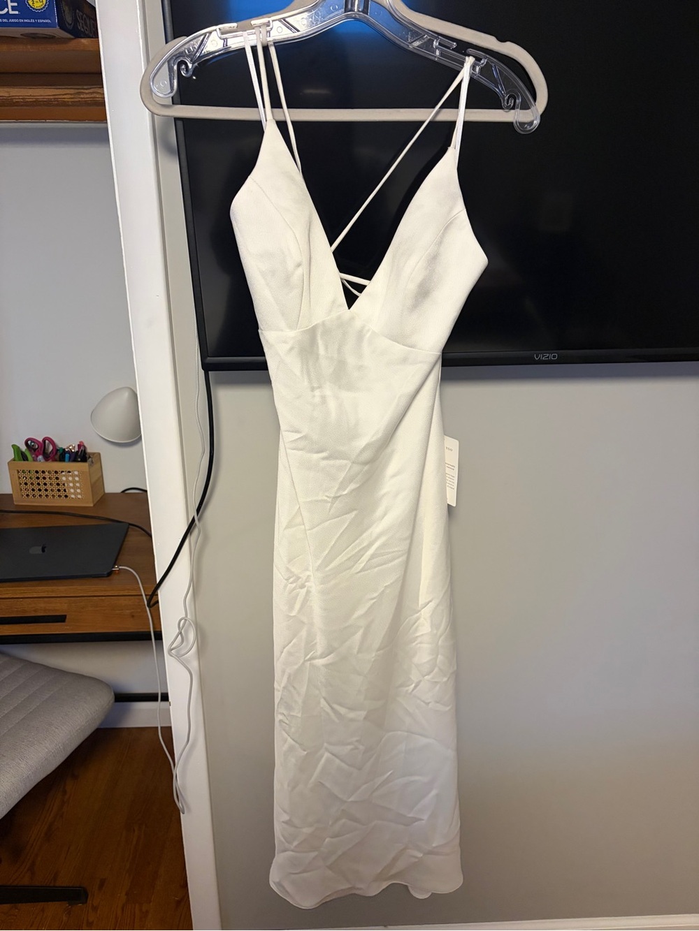 Jenny Yoo Ivory Satin V-Neck Slip Midi Dress - Picture 3 of 5